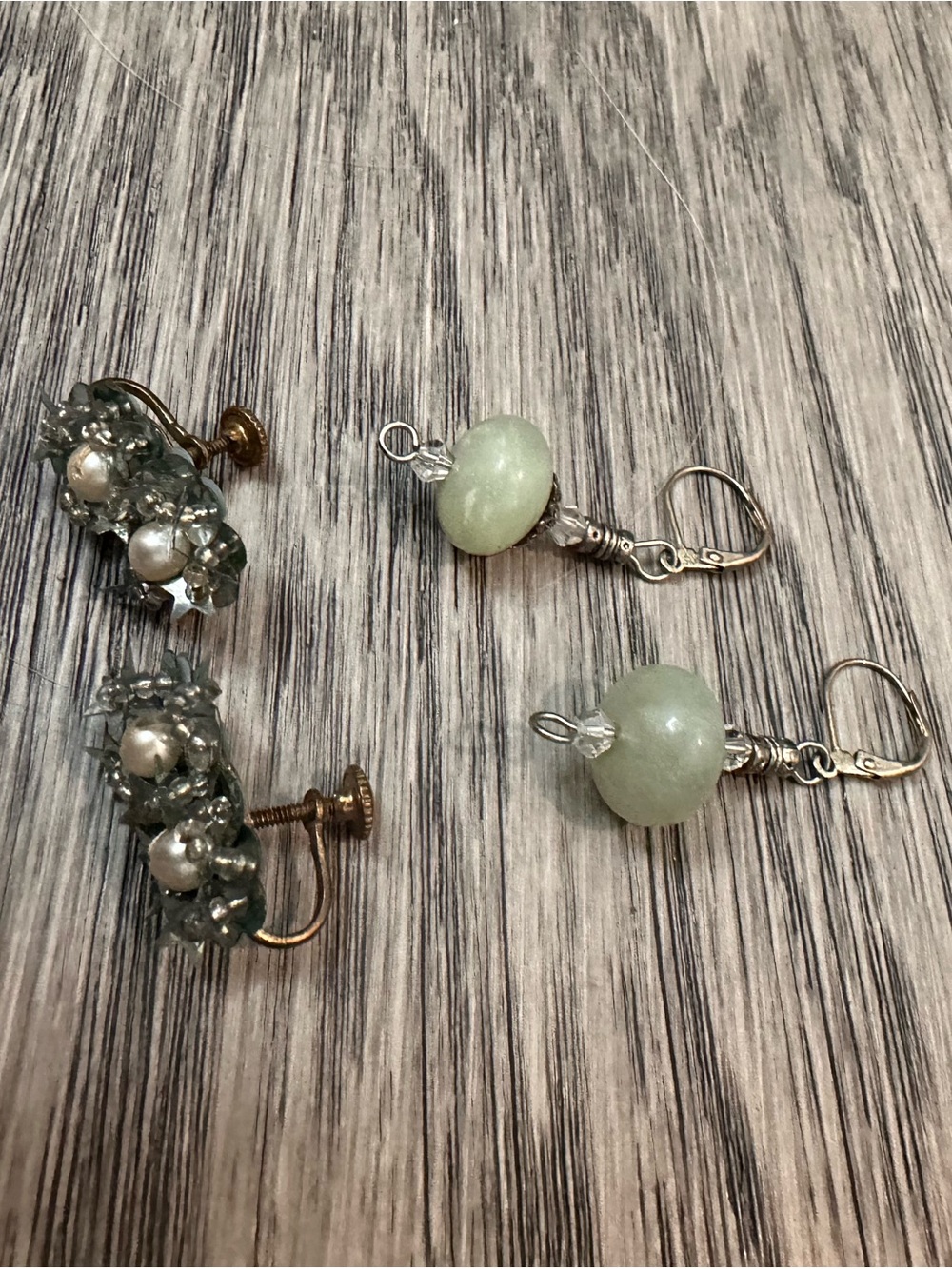 Pale Green Bead Drop Earrings and sequin screw on earrings